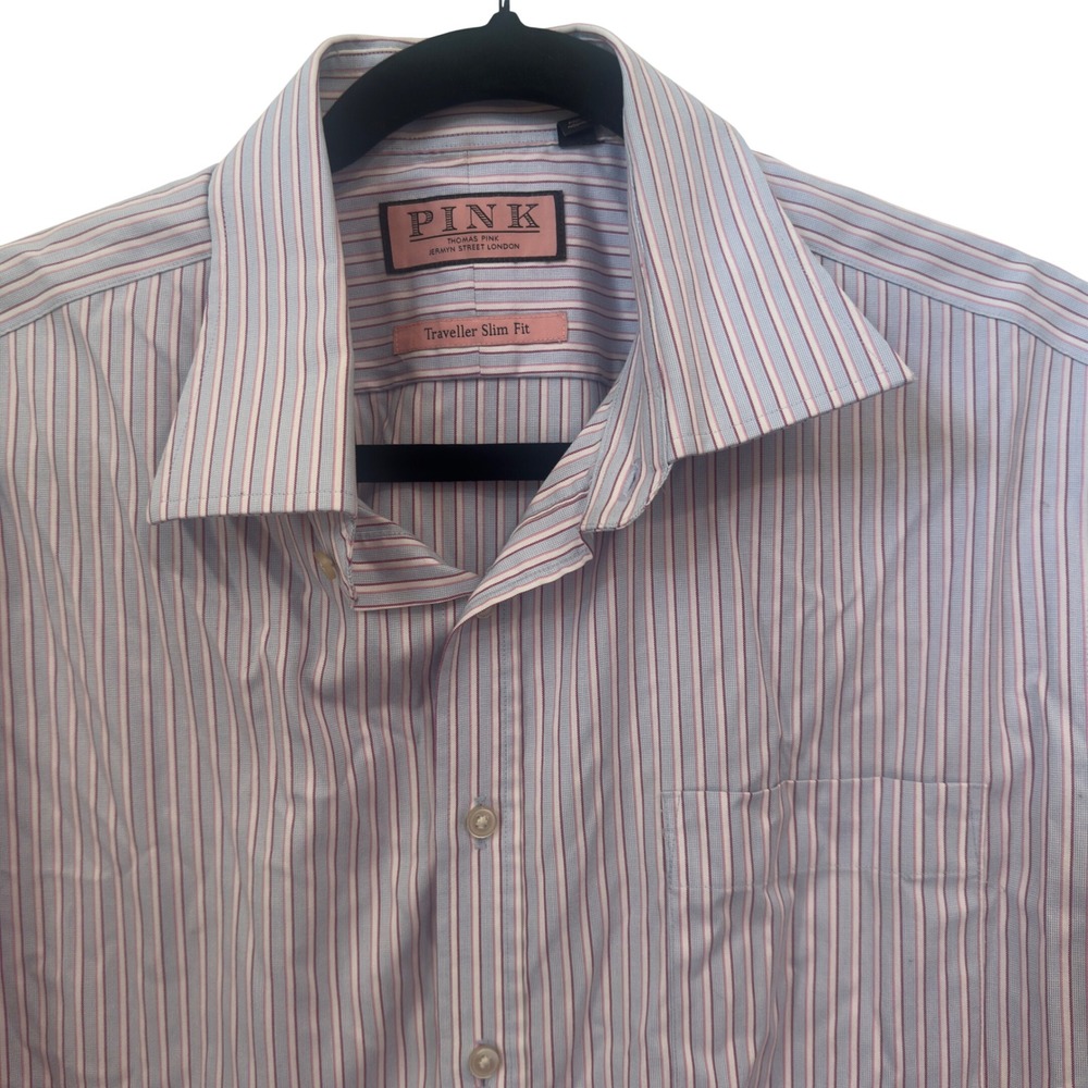 Thomas Pink Mens 17 43cm Traveller Slim Fit Blue Red Stripe Cotton Dress Shirt